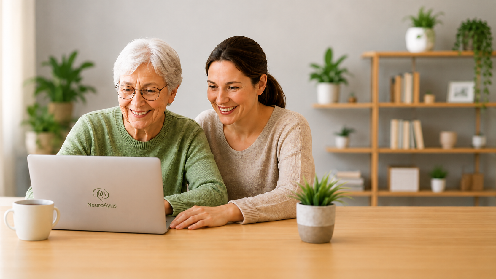 Seniorka a terapeutka s úsměvem sledují notebook v domácím prostředí